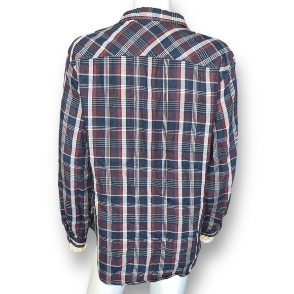 SANDRA Ingrish Red Maroon White Blue Chambray Trim Plaid Flannel Shirt Top XL - Picture 6 of 9
